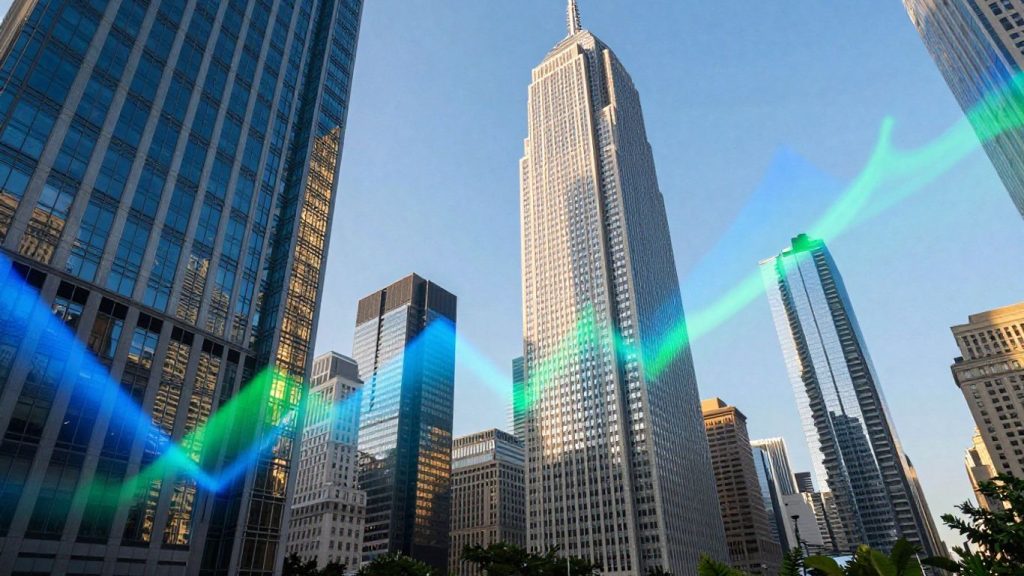 Financial markets visualized with cityscape and light streams.
