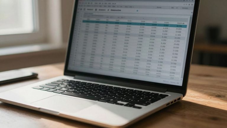 Google Sheets financial data on a laptop screen.