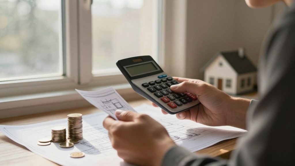 Homeowner calculating home equity with coins and blueprint.