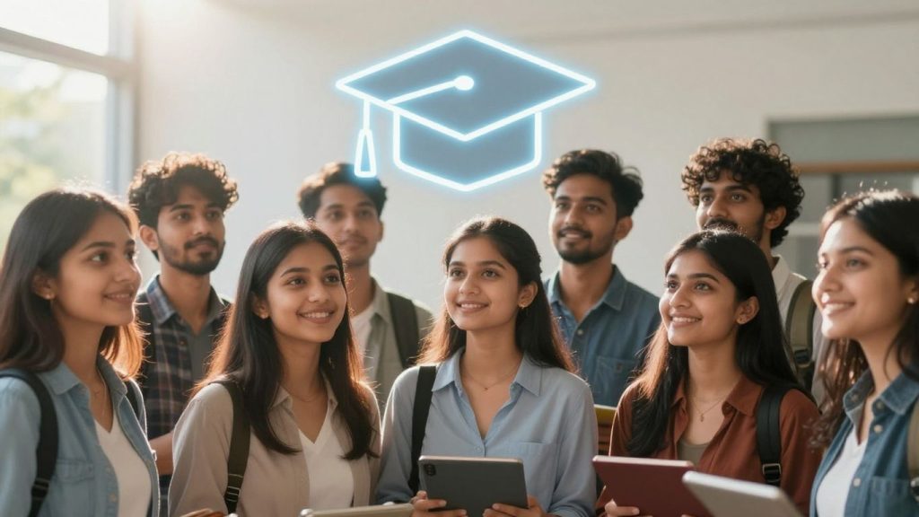 Students looking at graduation cap icon for financial aid.