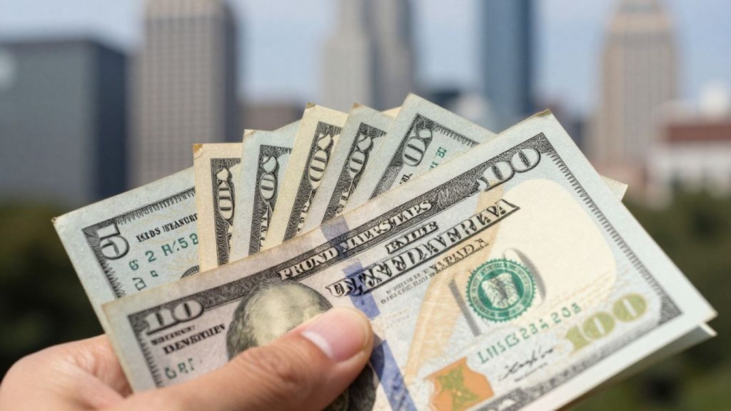 Stack of U.S. Treasury bonds with financial district background.