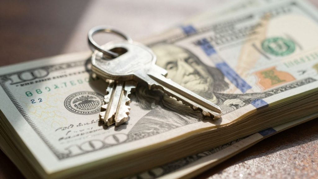 House key on money, mortgage interest rates