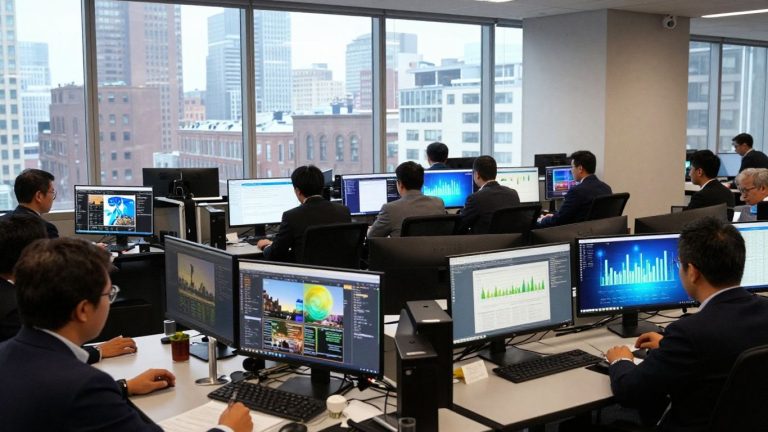 Journalists in newsroom studying global energy updates.