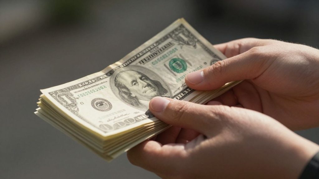 Hands holding a stack of dollar bills.