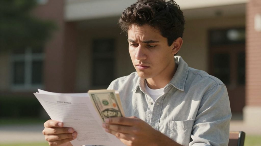 Student looking at loan papers with a concerned expression.