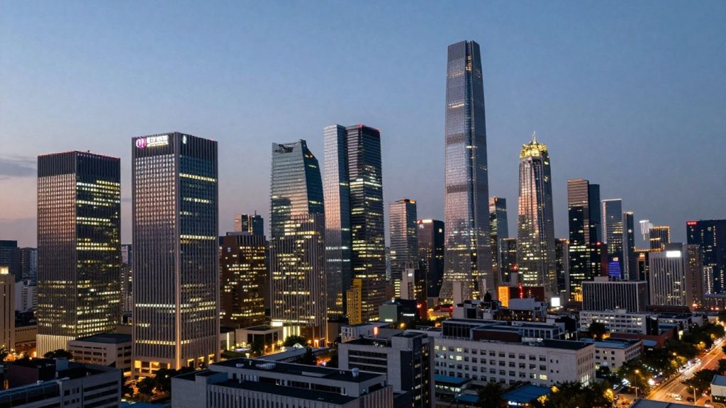 Financial Times Group cityscape with illuminated skyscrapers at dusk.
