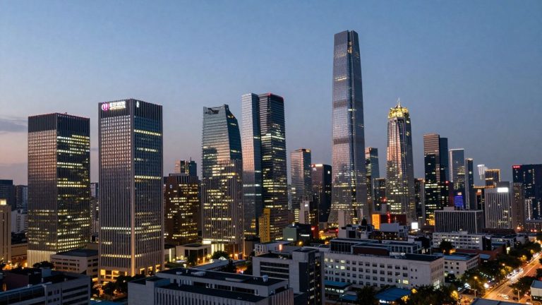 Financial Times Group cityscape with illuminated skyscrapers at dusk.