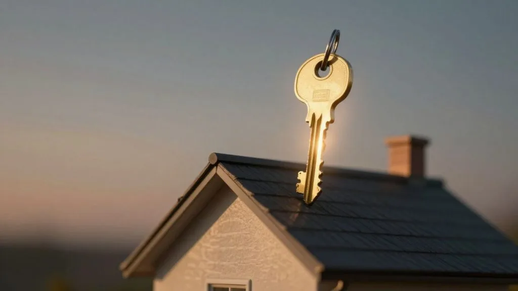 House with a golden key and sunlight.