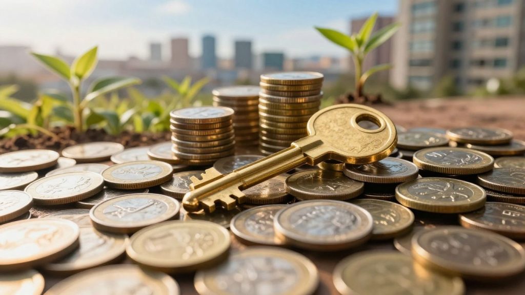 Diverse financial elements including coins, key, and plant.
