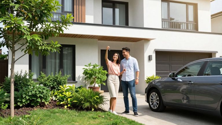 Couple with keys outside a new home.