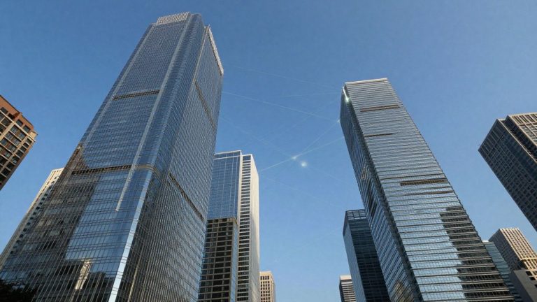 Modern cityscape with financial district and connecting lines.