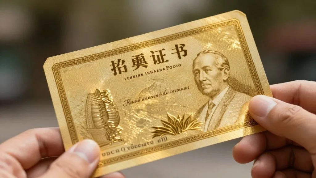 Close-up of a gold bond certificate held in a hand.