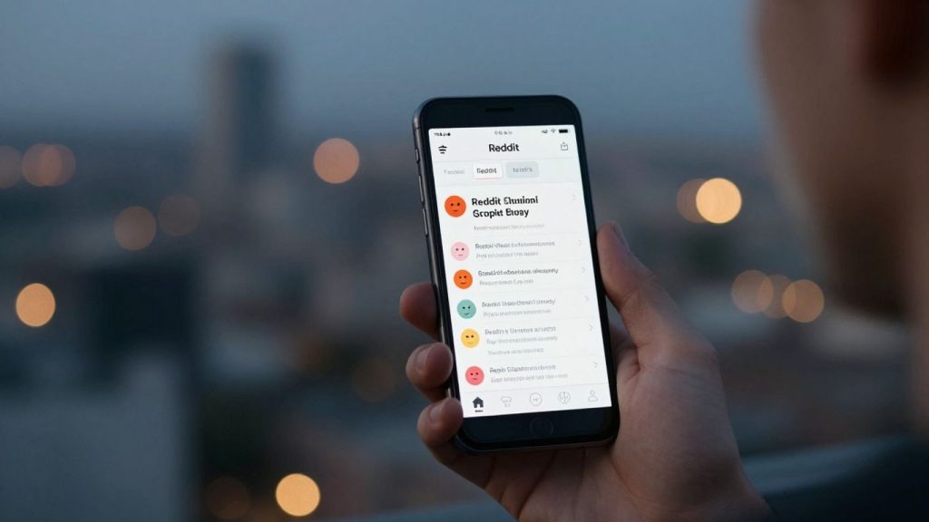 Person holding phone with Reddit feed, cityscape background.