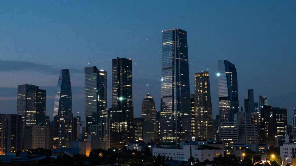 American cityscape with digital network overlay