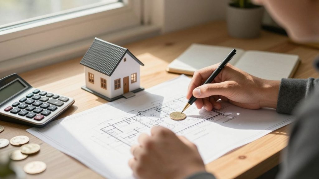 Homeowner calculating home equity with coins and blueprint.