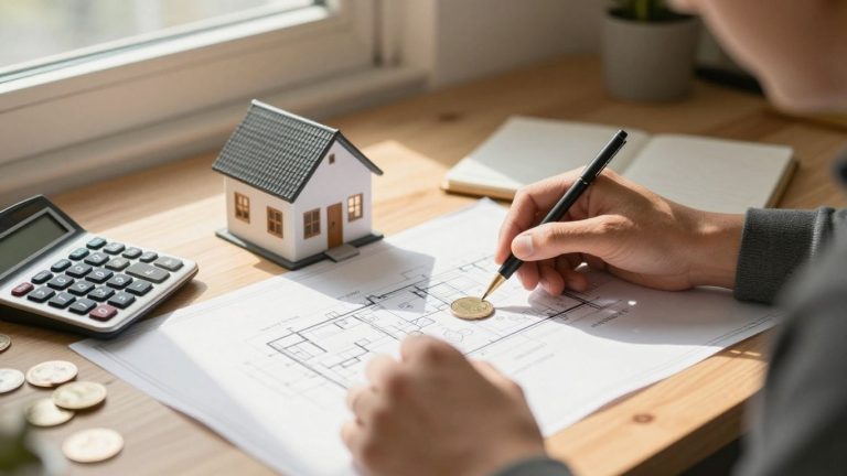 Homeowner calculating home equity with coins and blueprint.