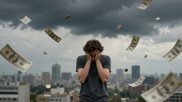 Person stressed by bills and coins, dark cloud overhead.