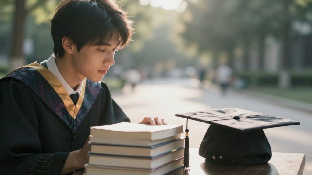 Student looking at books and graduation cap, symbolizing future.