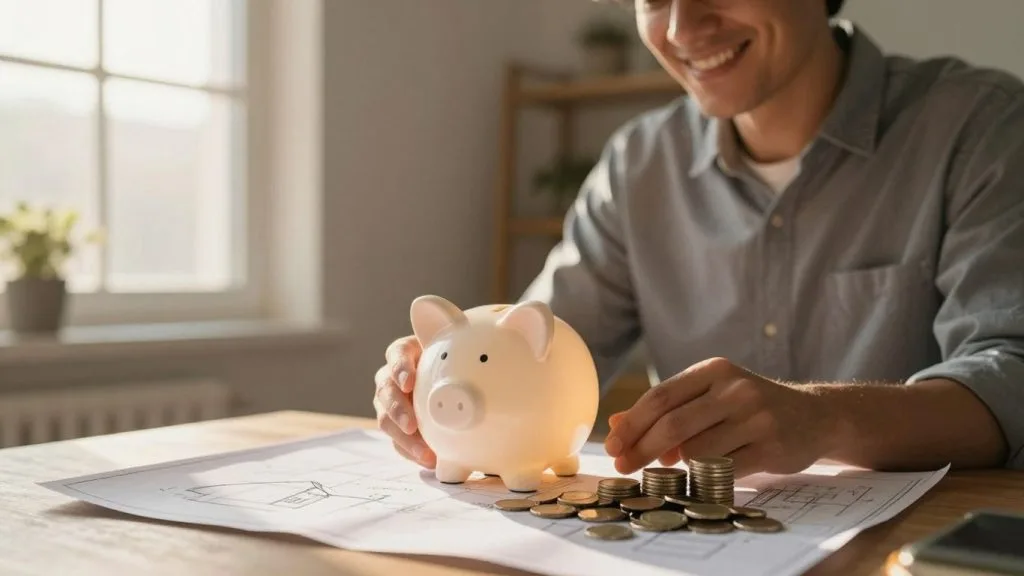 Homeowner with piggy bank and coins, planning home equity.