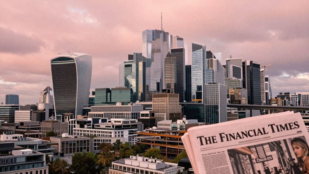 Financial Times global impact with cityscapes and salmon-pink accents.