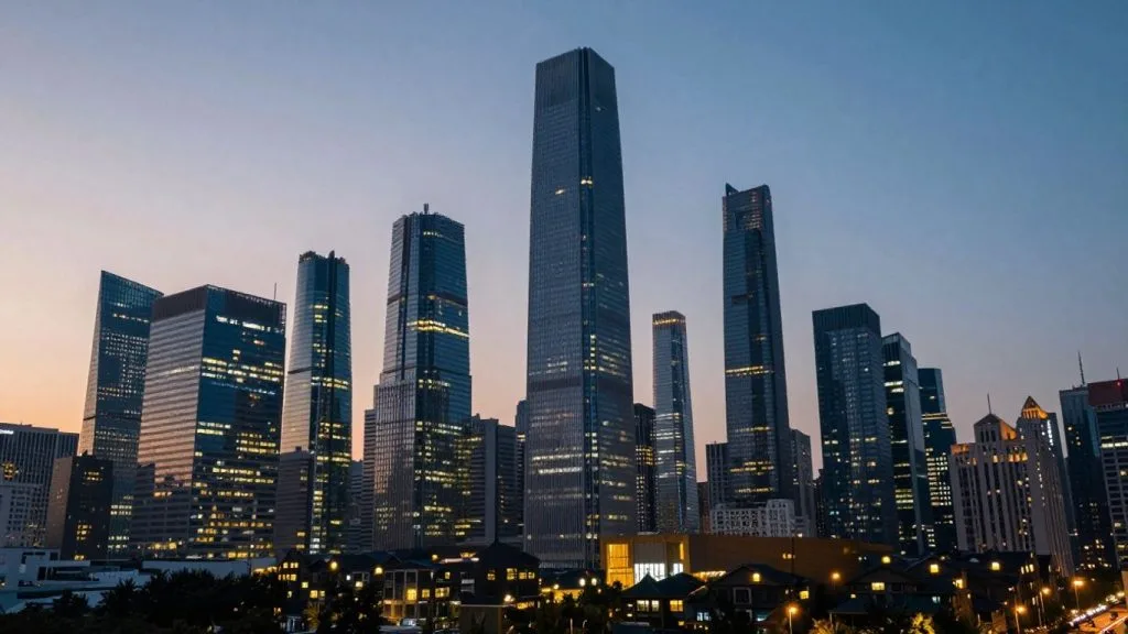 American cityscape at dusk with financial district glow.