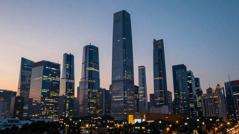 American cityscape at dusk with financial district glow.