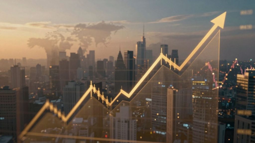 Financial markets with stock charts and cityscapes.