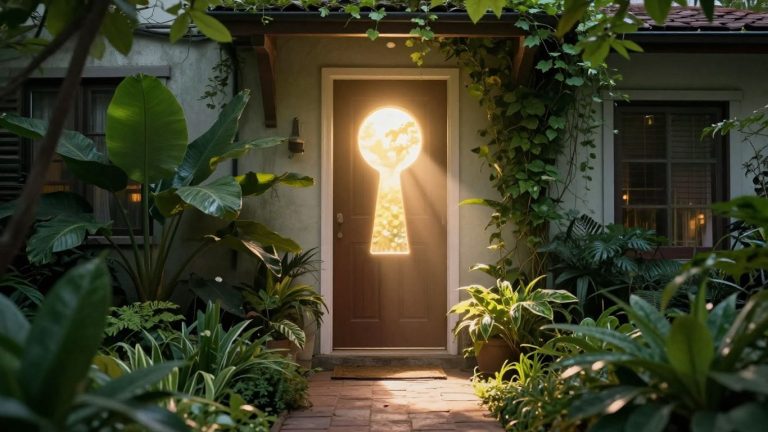 House with glowing keyhole and sunlight path.