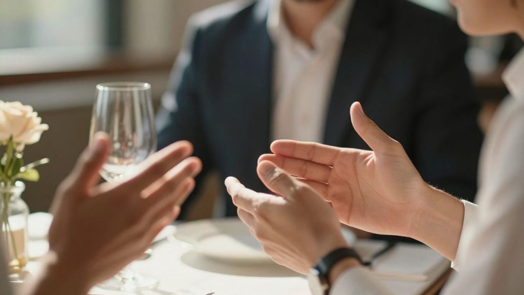 Two people discussing business over a meal.