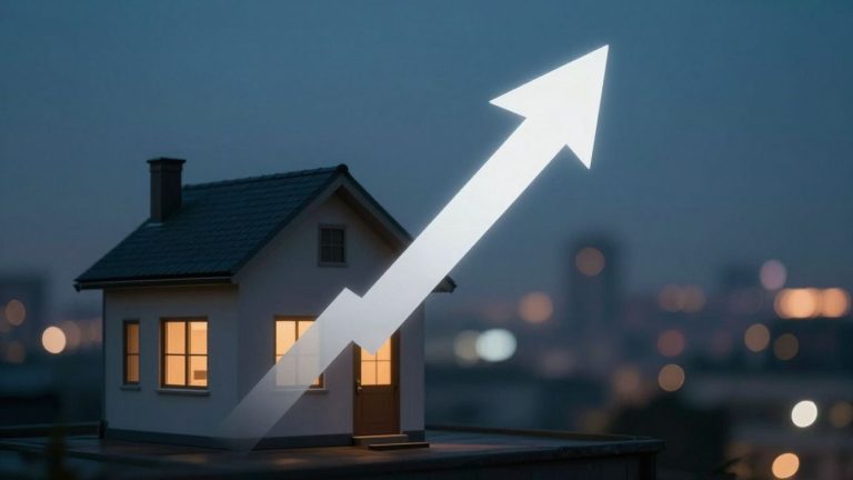 House with rising arrow, future mortgage trends.