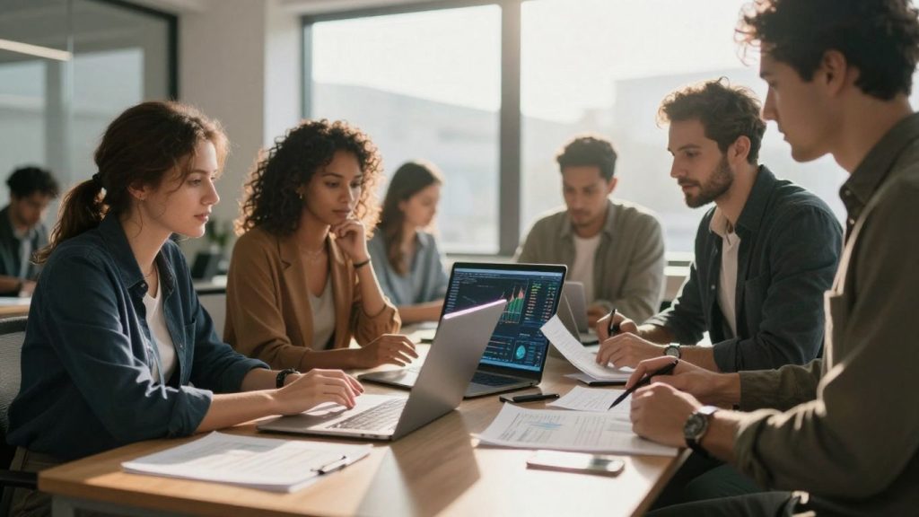 People discussing financial options in a modern office.