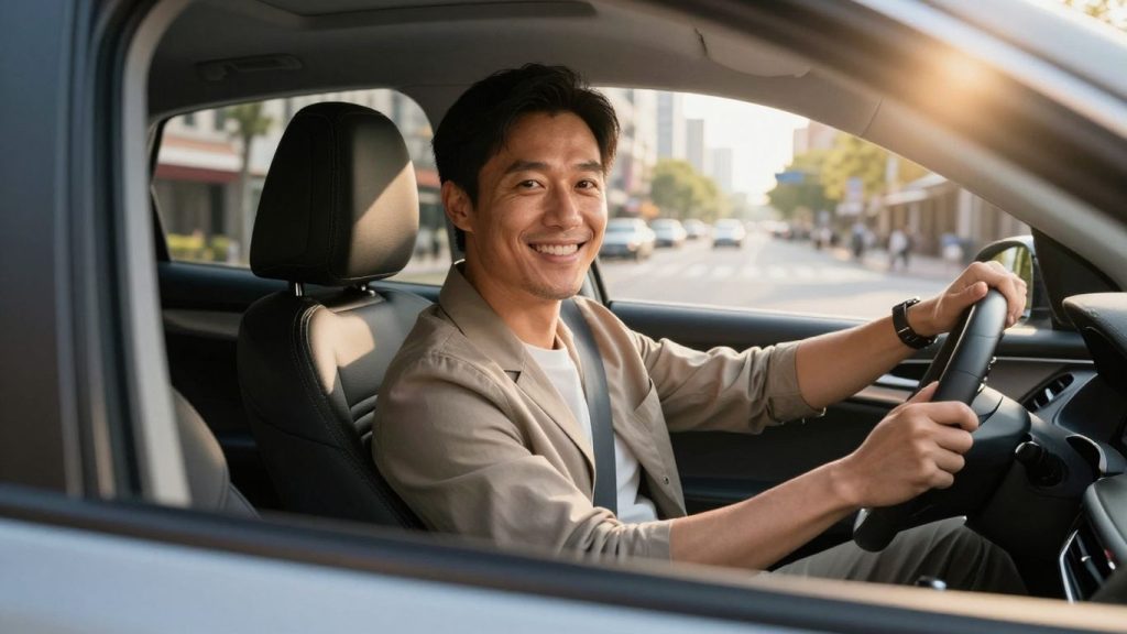 Smiling driver holding car keys in sunlight