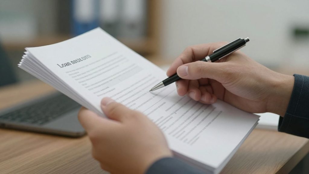 Person managing loan documents, financial office background.