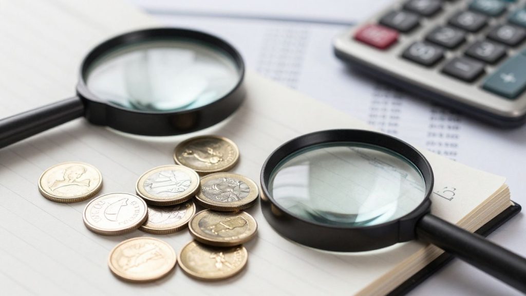 Financial ledger, coins, and magnifying glass on desk.