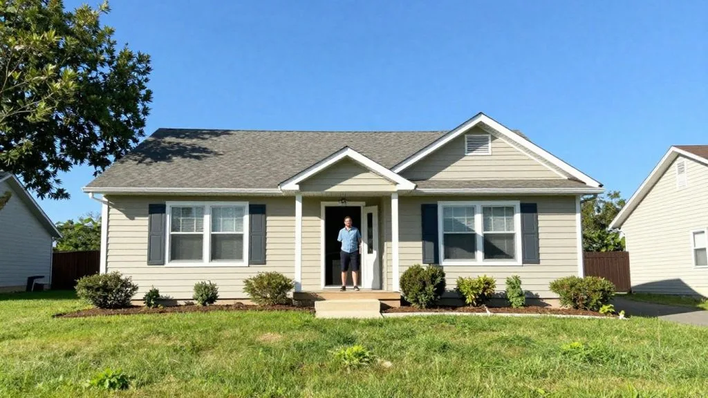 House with green lawn and blue sky.
