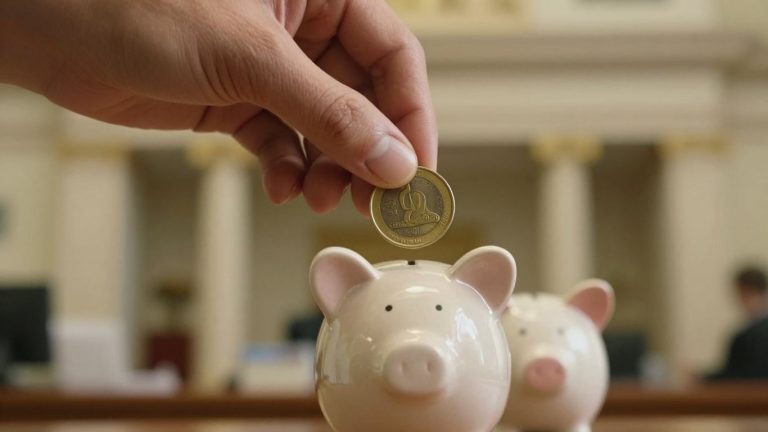 Hand depositing coin into piggy bank.