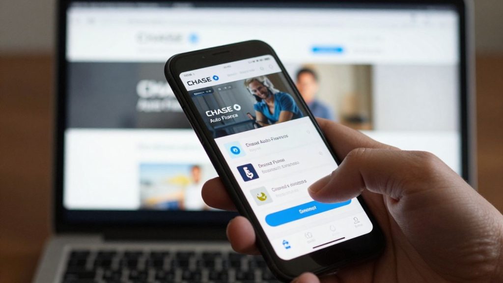 Hand holding phone with Chase Auto Finance website visible.