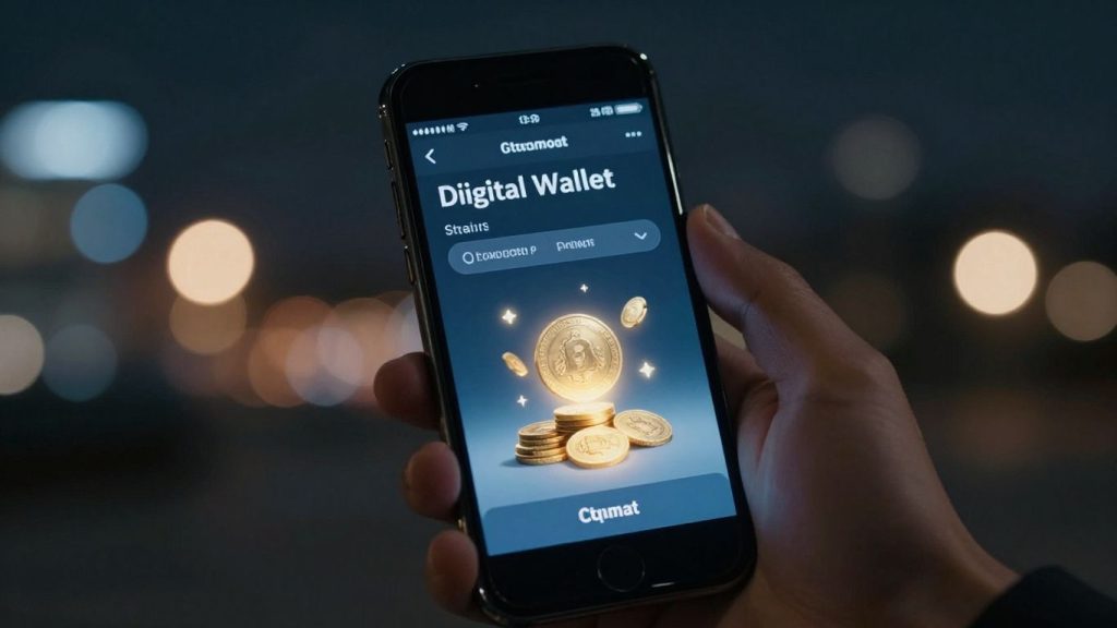 Hand holding phone with digital wallet and coins.