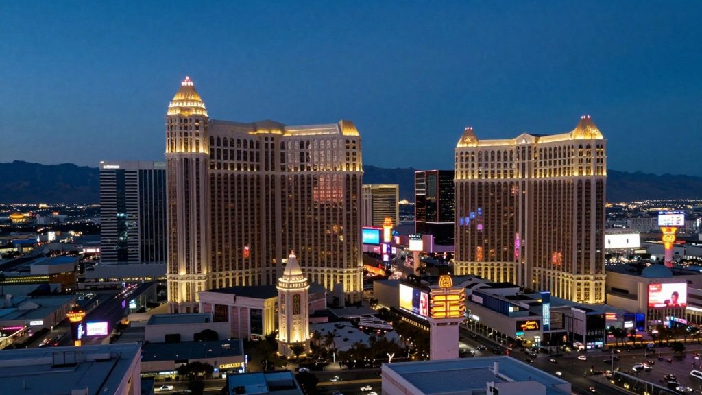 Las Vegas skyline at dusk with financial opportunities.