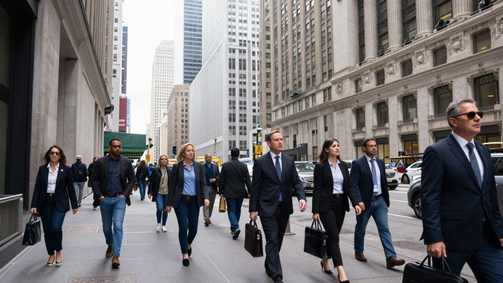New York City skyline and busy street scene.