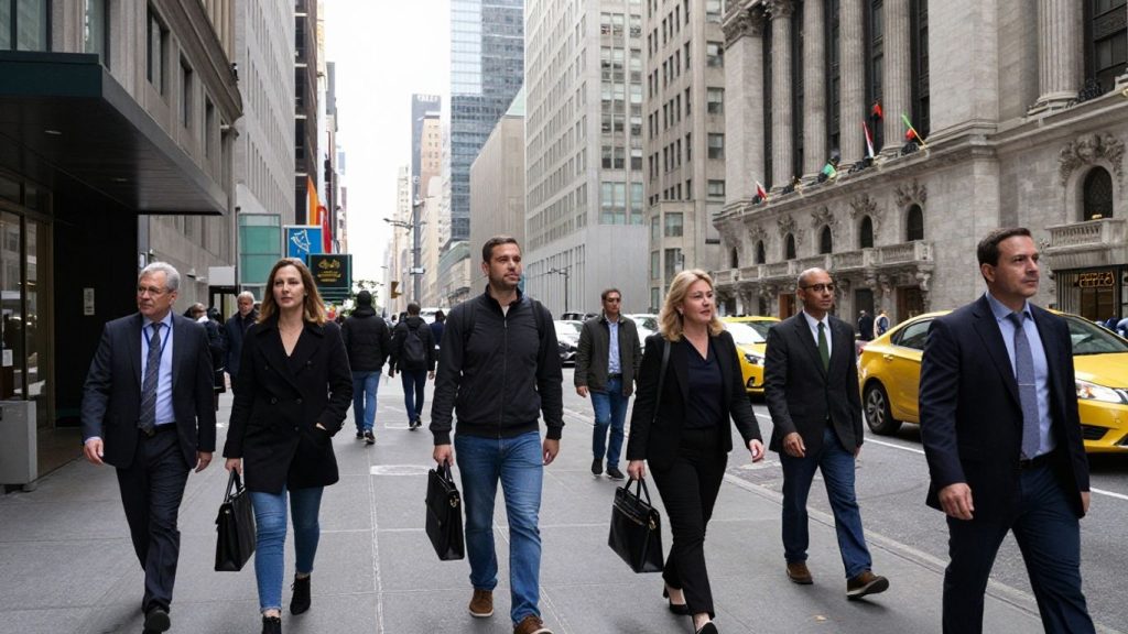 New York City skyline and busy street scene.