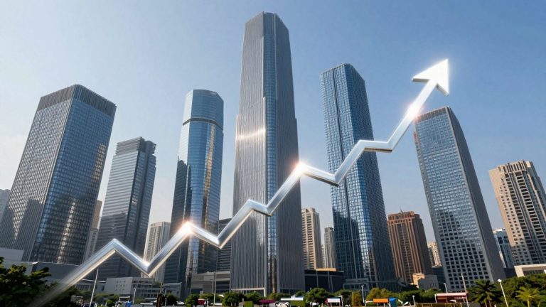 Financial skyscrapers and abstract upward financial momentum.