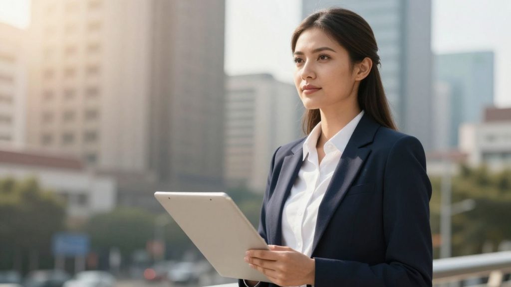 Person with diploma, professional growth, cityscape background.