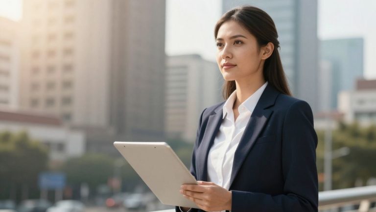 Person with diploma, professional growth, cityscape background.