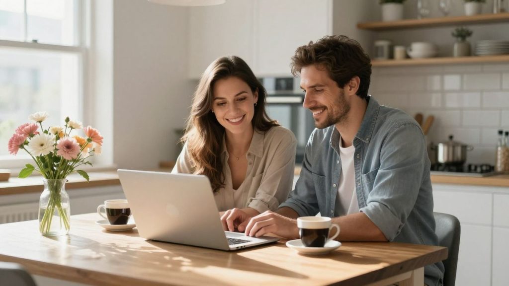 Couple at kitchen table using laptop for loan calculations