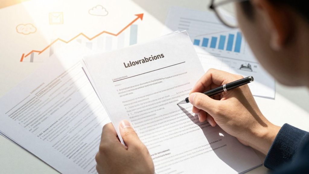 Student looking at loan papers with financial symbols.