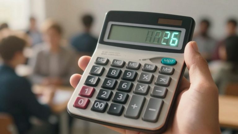 Hand using a calculator for personal loan calculations.