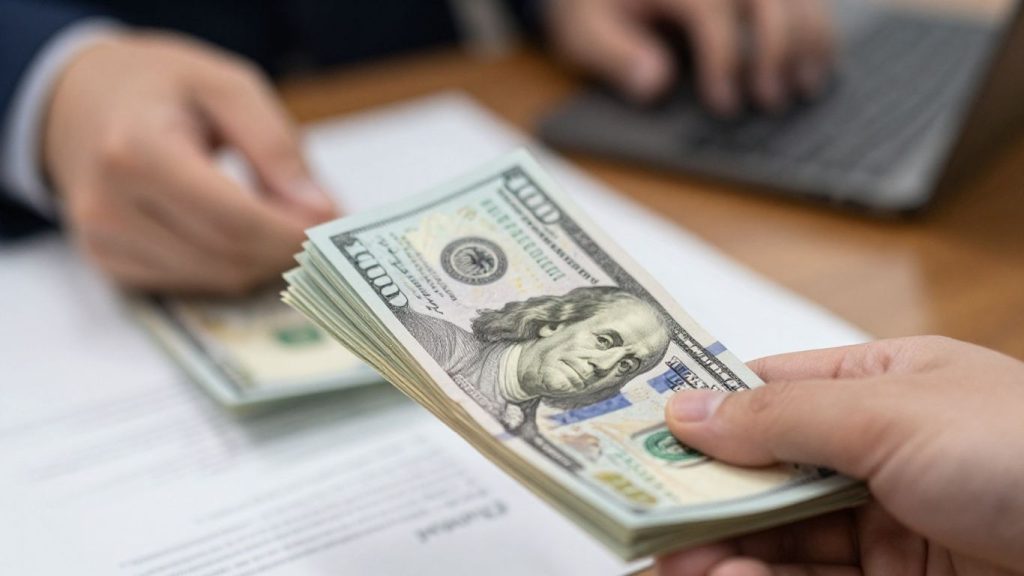 Hand holding cash, emergency loan concept.