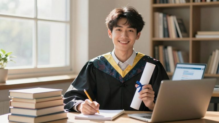 Student with diploma, books, and laptop.