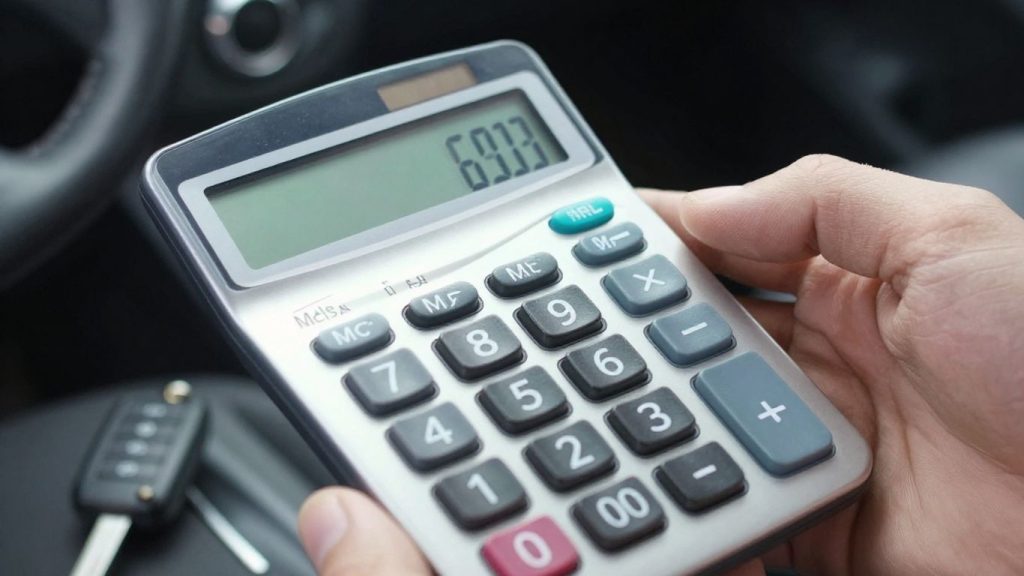 Calculator and car key for loan payment estimation.